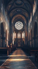 Sunlit aisle in a grand cathedral.