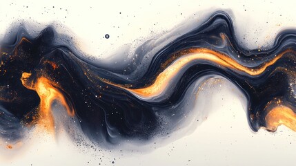 Abstract gold, black fluid art swirls on white background