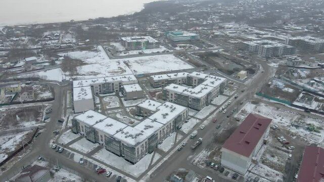 View from above. Construction of a residential microdistrict in the suburbs of Vladivostok.