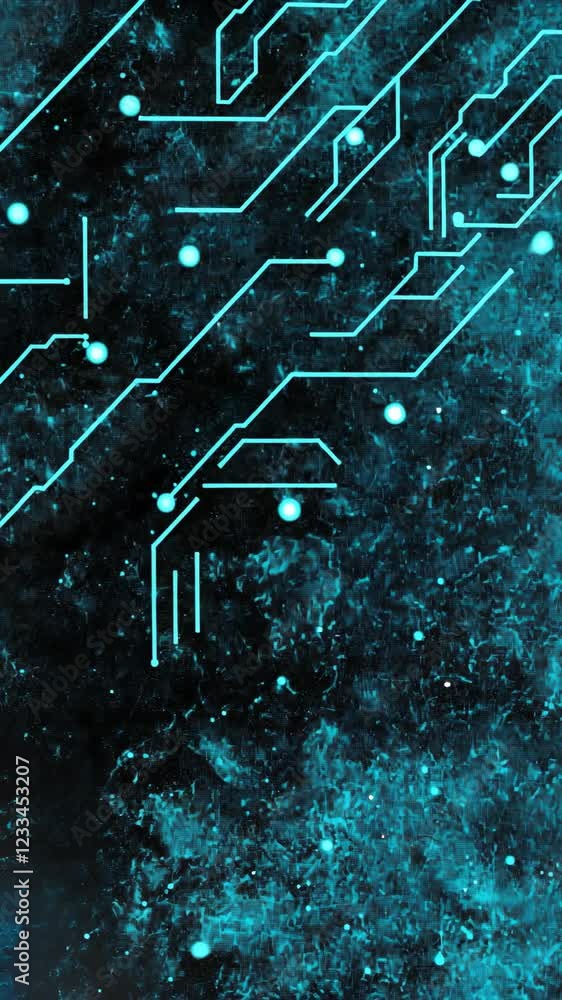 Poster digital circuit board design with glowing lines and nodes on a dark background