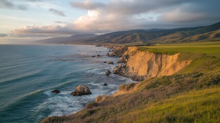 Obraz premium Coastal Sunset Landscape Wildflowers, Cliffside, and Ocean View