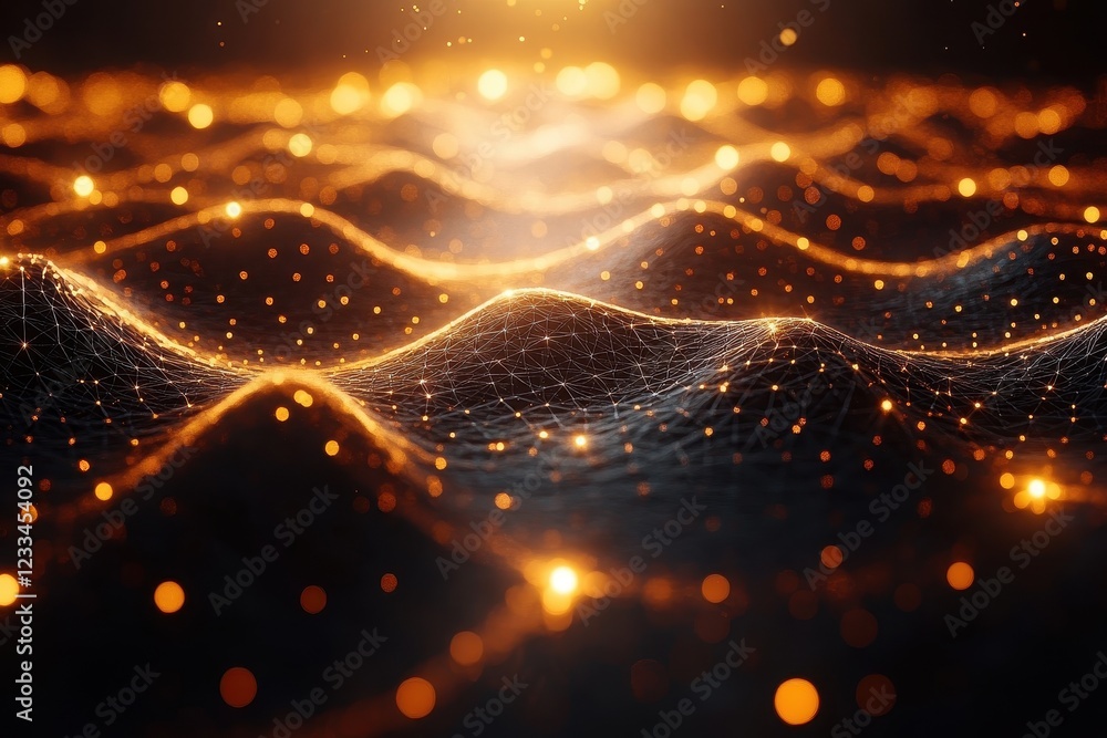 Poster abstract visualization of glowing waves and particles in a digital landscape.