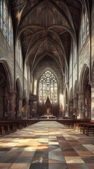 Fototapeta premium Sunlit church interior, serene and grand.