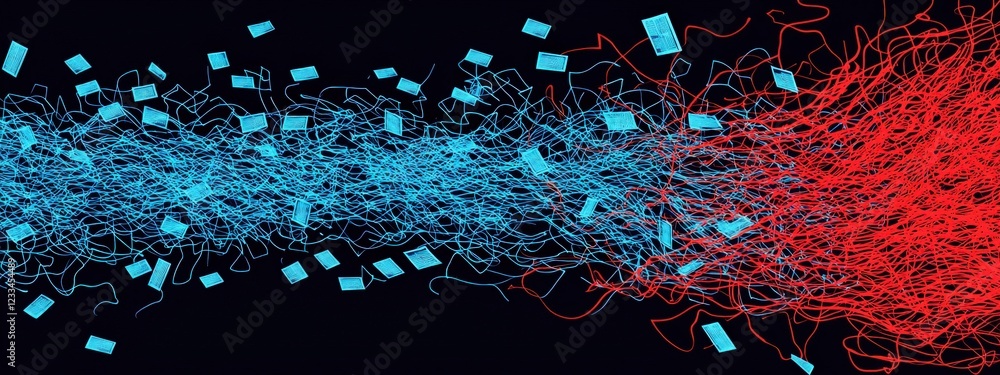 Poster abstract digital flow of blue and red lines with floating rectangles in a dark background