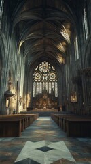 Fototapeta premium Grand cathedral nave with stained glass