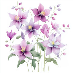 Watercolor botanical illustration of columbine, dense arrangement, high resolution on white background