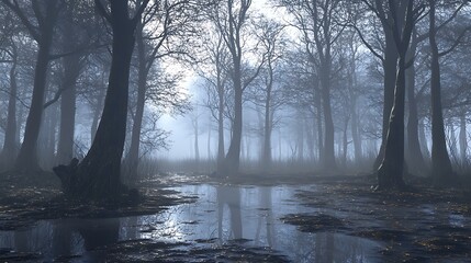 A misty forest scene with dark trees and a reflective water surface.