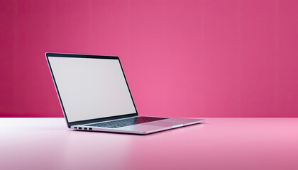 Sleek silver laptop with blank screen on pink surface and background.
