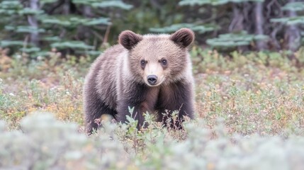 Fototapeta premium Grizzly Bear Cub in Wildflower Meadow Portrait