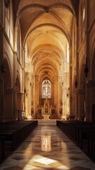 Sunlit church nave with stained glass