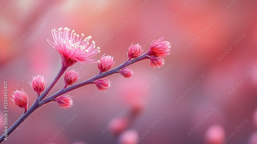 Poster a delicate pink flower branch with soft buds against a blurred pastel background, evoking a serene a