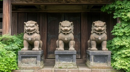 Fototapeta premium Guardian Lions at Ancient Wooden Temple Entrance