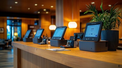 Self-service kiosks in modern restaurant lobby