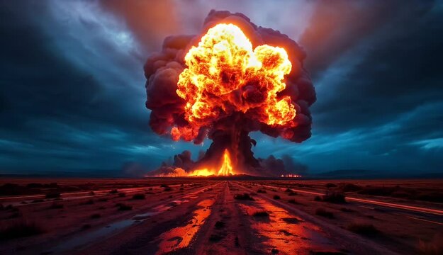 A powerful nuclear explosion illuminates the night sky, showcasing the destructive force of atomic weapons.