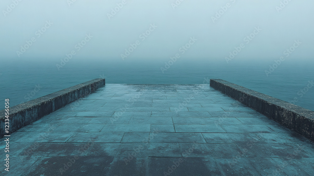 Poster A misty pier extends over tranquil waters, creating a serene and contemplative atmosphere in a muted color palette