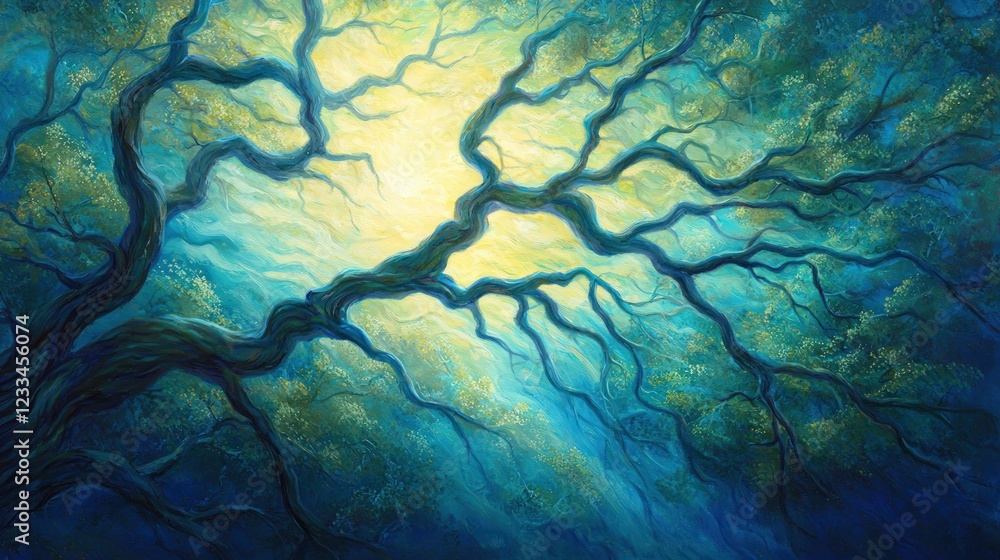 Poster abstract artistic representation of tree branches illuminated by ethereal light in blue tones