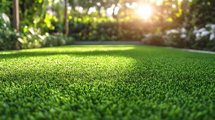Naklejka premium A vibrant lawn of artificial grass shines under the warm sunlight, creating a serene outdoor atmosphere surrounded by lush greenery