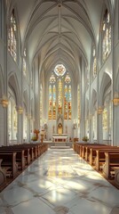 Sunlit cathedral interior, peaceful ambiance.