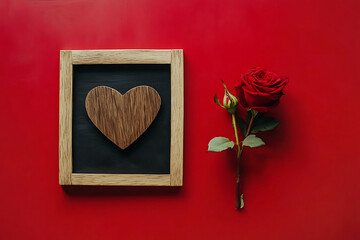 Fototapeta premium Wooden heart and red rose on a red background for Valentine's Day