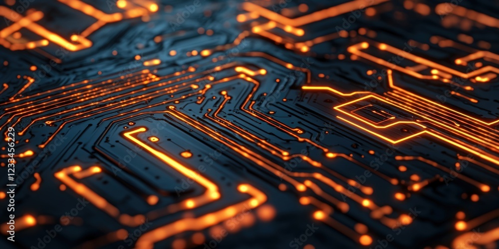 Poster abstract close-up of a futuristic circuit board design with glowing orange lines on black background
