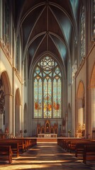 Obraz premium Sunlit church interior with stained glass
