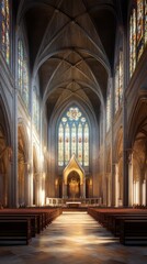 Fototapeta premium Sunlit cathedral nave and altar