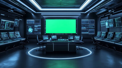 Fototapeta premium Futuristic Control Room with Green Screen and Neon Lights