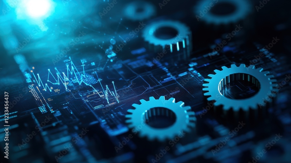 Poster abstract concept of technology with interconnected gears and circuitry design in blue light