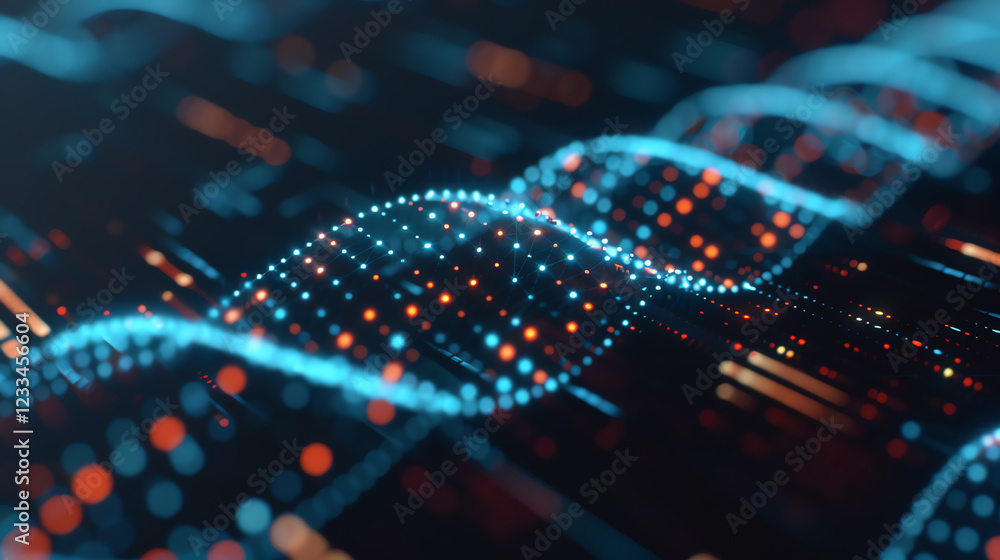 Poster abstract digital data wave visualization with glowing blue and red particles