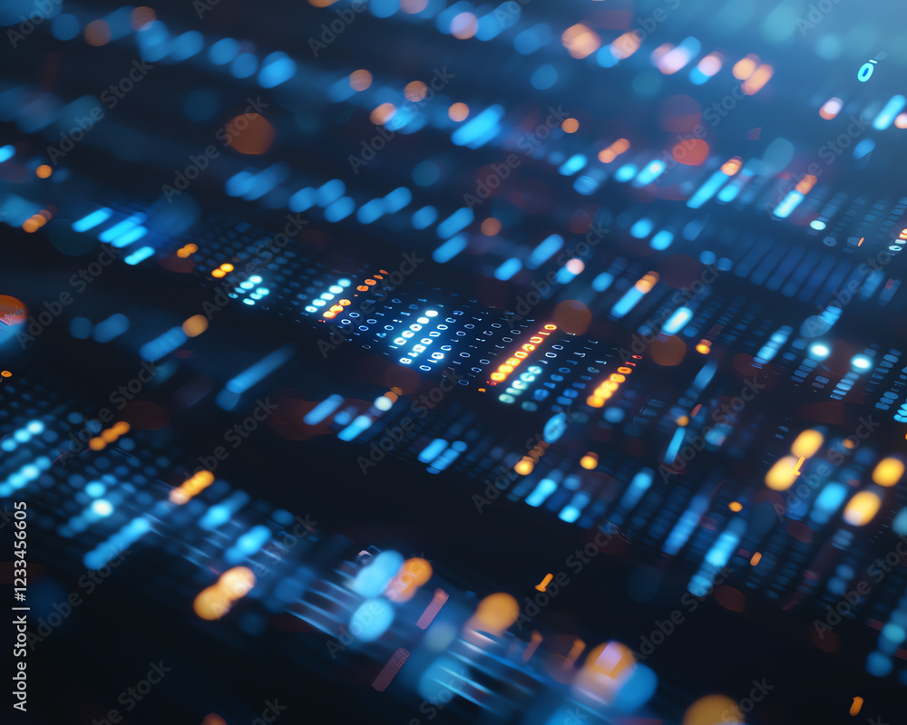 Poster abstract digital data visualization with flowing lines and glowing particles in blue and orange