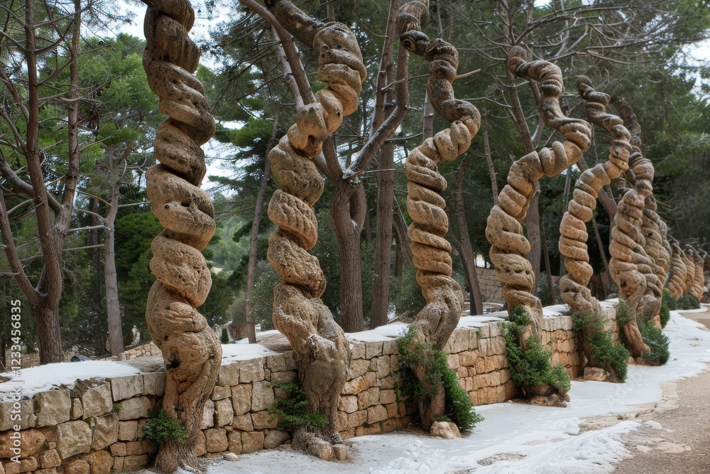 Poster an artistic stone wall features twisted pillars amidst a serene forest, creating a tranquil and uniq