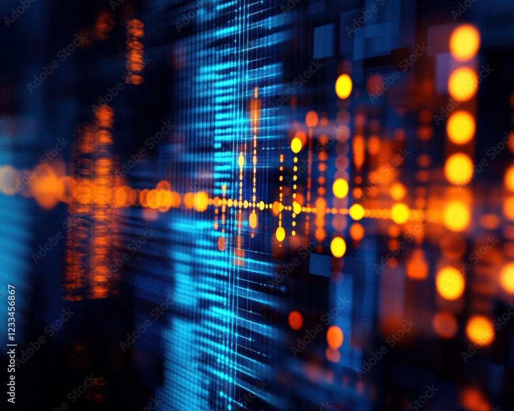 Poster abstract digital visualization of light waves in blue and orange color scheme