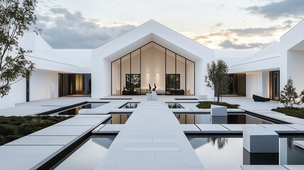 Expansive villa with minimalist sculptures and angular paths under sharp roof angles.