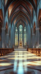 Serene church interior with stained glass