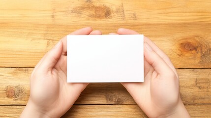 Obraz premium Hands Holding Blank White Card on Wooden Table
