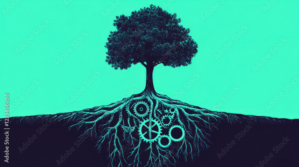 Poster tree with gear mechanism roots symbolizing nature and technology harmony in abstract digital art