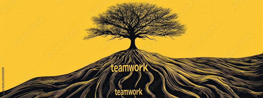Poster abstract illustration of a tree symbolizing teamwork with roots interconnecting beneath a yellow bac