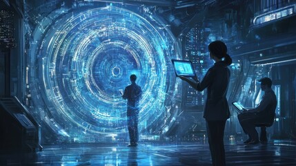 Futuristic Data Center: Technologists Analyzing Complex Information Systems