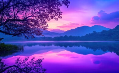 Purple and blue sky, reflection of trees in the lake, fantasy landscape, purple sky at dusk, beautiful nature scene
