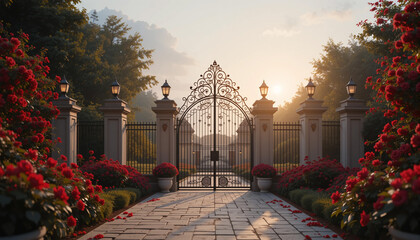 Rose Garden Path,	Path leading through a rose garden towards ornate gates