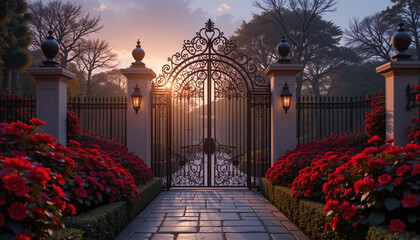 Rose Garden Gate, Wrought iron gates open to a rose garden at sunset. © Akhmad Masudi