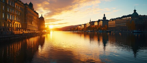 Naklejka premium Beautiful Sunset Over a Calm River with Reflections of Autumn Trees and Cityscape