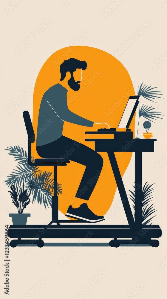 Poster man working on computer with plants in modern workspace illustration