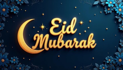Eid Mubarak greeting card with a crescent moon and stars on a dark blue background.  The words Eid Mubarak are written in a golden 3D font and surrounded by blue flowers. 