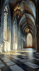 Obraz premium Sunlit Gothic cathedral hallway