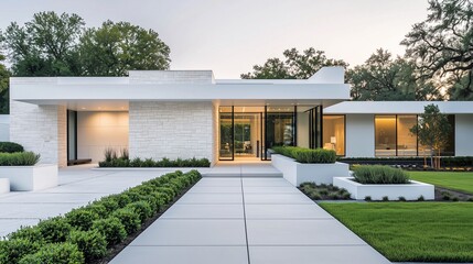 White luxury home with a stone-glass facade and modern planters in the front yard.