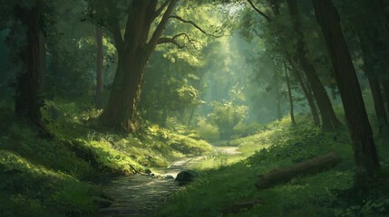Obraz premium Sunlit Forest Stream Tranquil Green Woodland Landscape