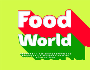 Vector Bright Advertising Food World. Elegant Font with Big Green Shadow. Digital Isometric Alphabet Letters and Numbers