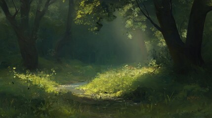 Sunlit Forest Path With Stream And Wildflowers