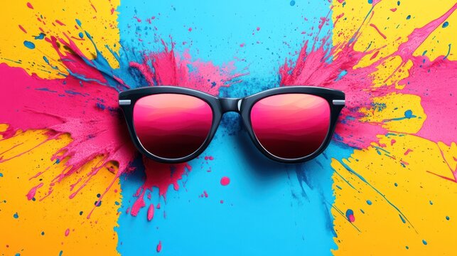 Sunglasses in vibrant paint splash background
